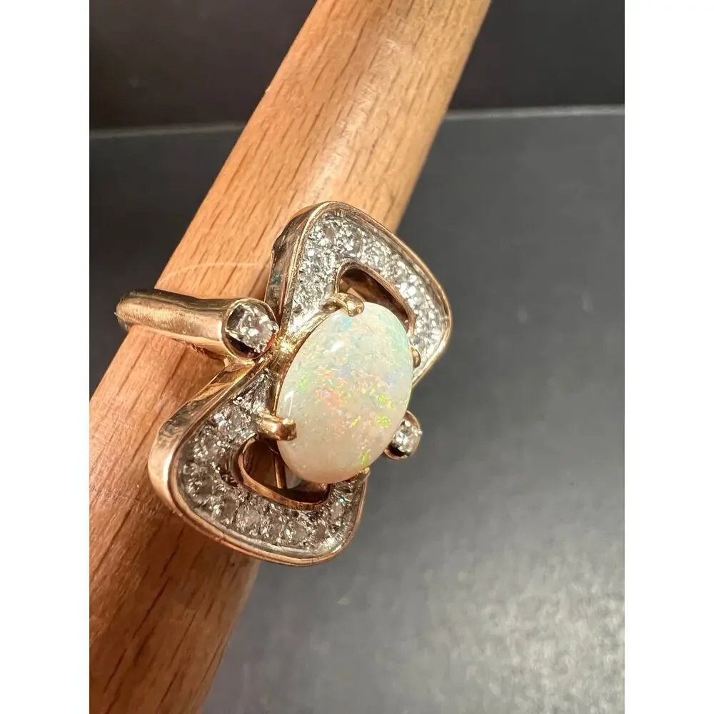 Vintage 14K Opal & Diamond Ring | Size 6.5 | Papered | 1.80ct | 60s–70s